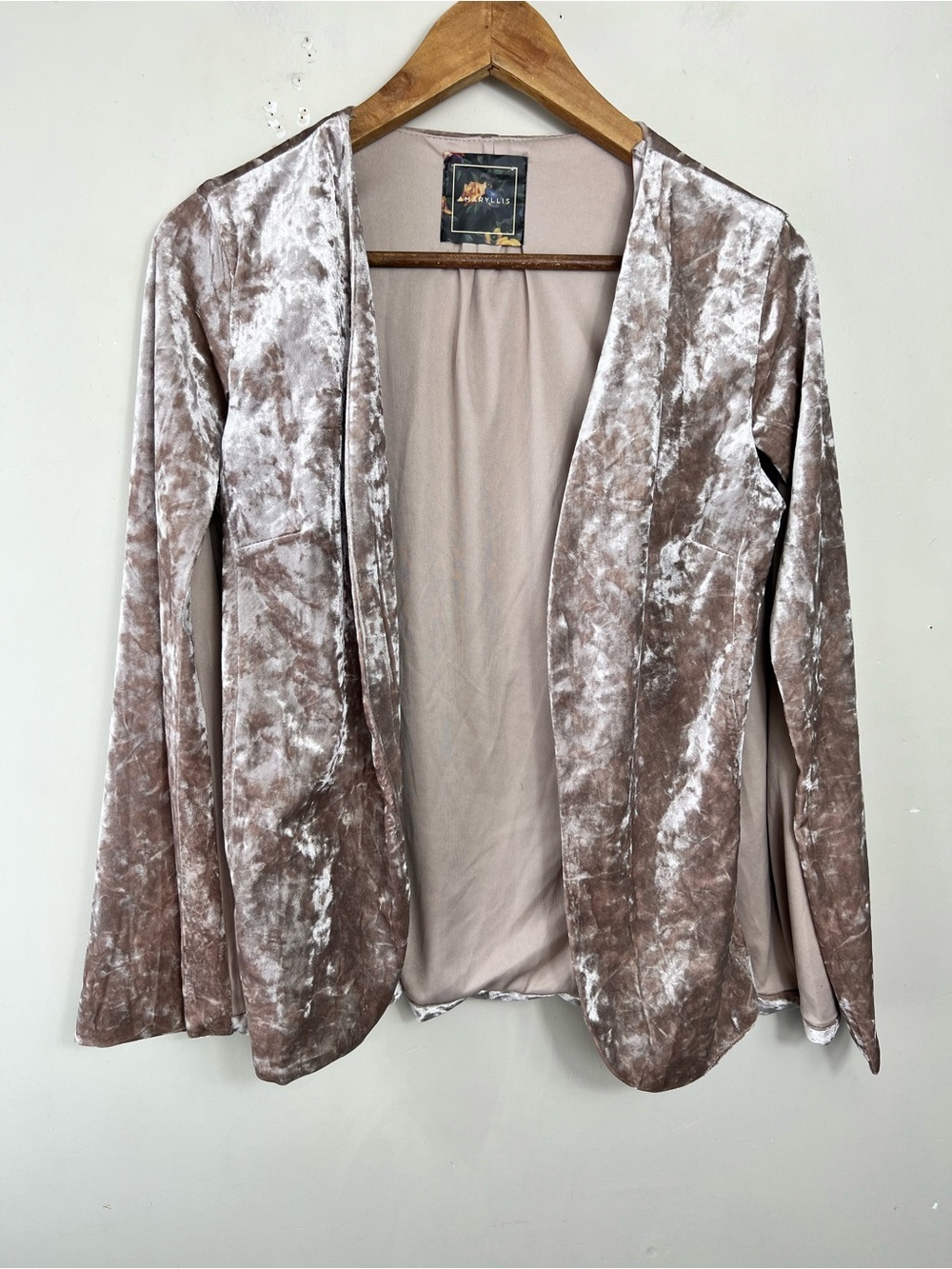 Amaryllis Crushed Velvet Open Front Cape Blazer Jacket - Champagne Blush Size S